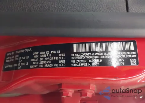 2016 Jeep Renegade Latitude z USA, uszkodzony, nr VIN ZACCJBBT1GPD75834